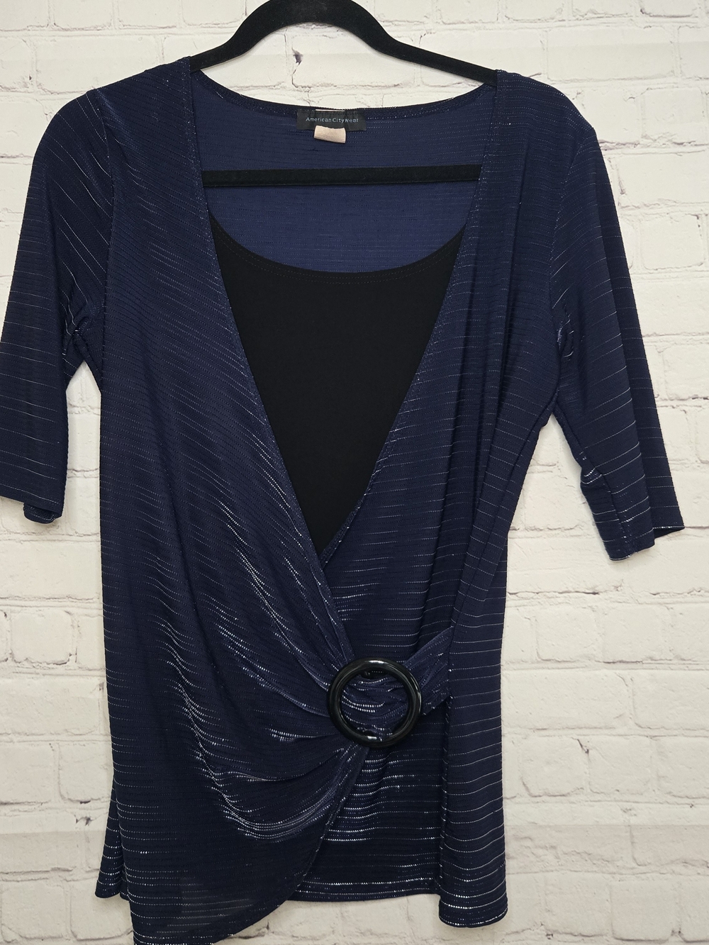 American vintage 2000s Faux rap top belted‎ metallic Thread navy Sz Lg